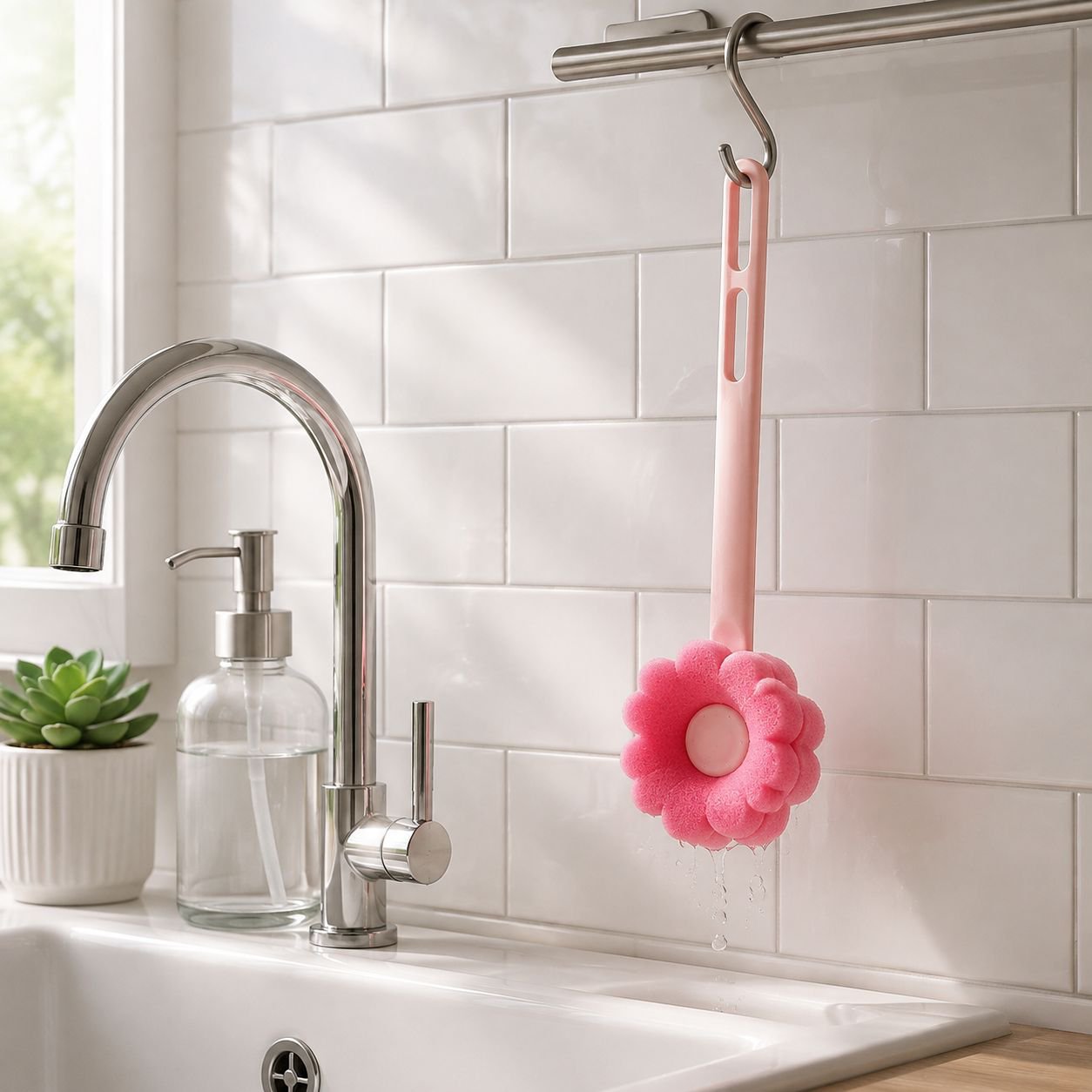 2-in-1 pink cleaning brush for dishes and floors