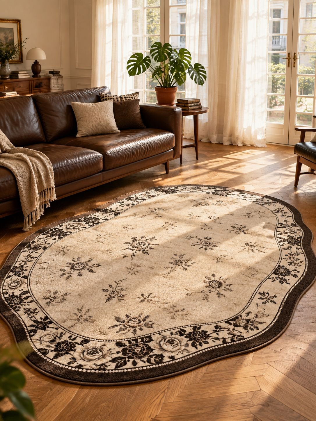 French Vintage Mid-Century Waterproof Irregular Sofa Rug
