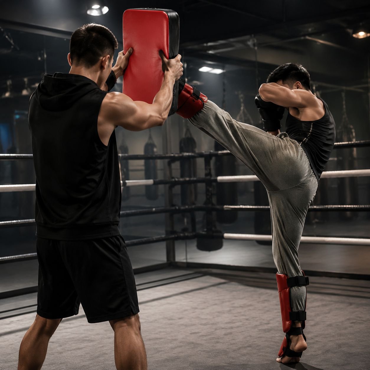 Martial arts student practicing punches with target