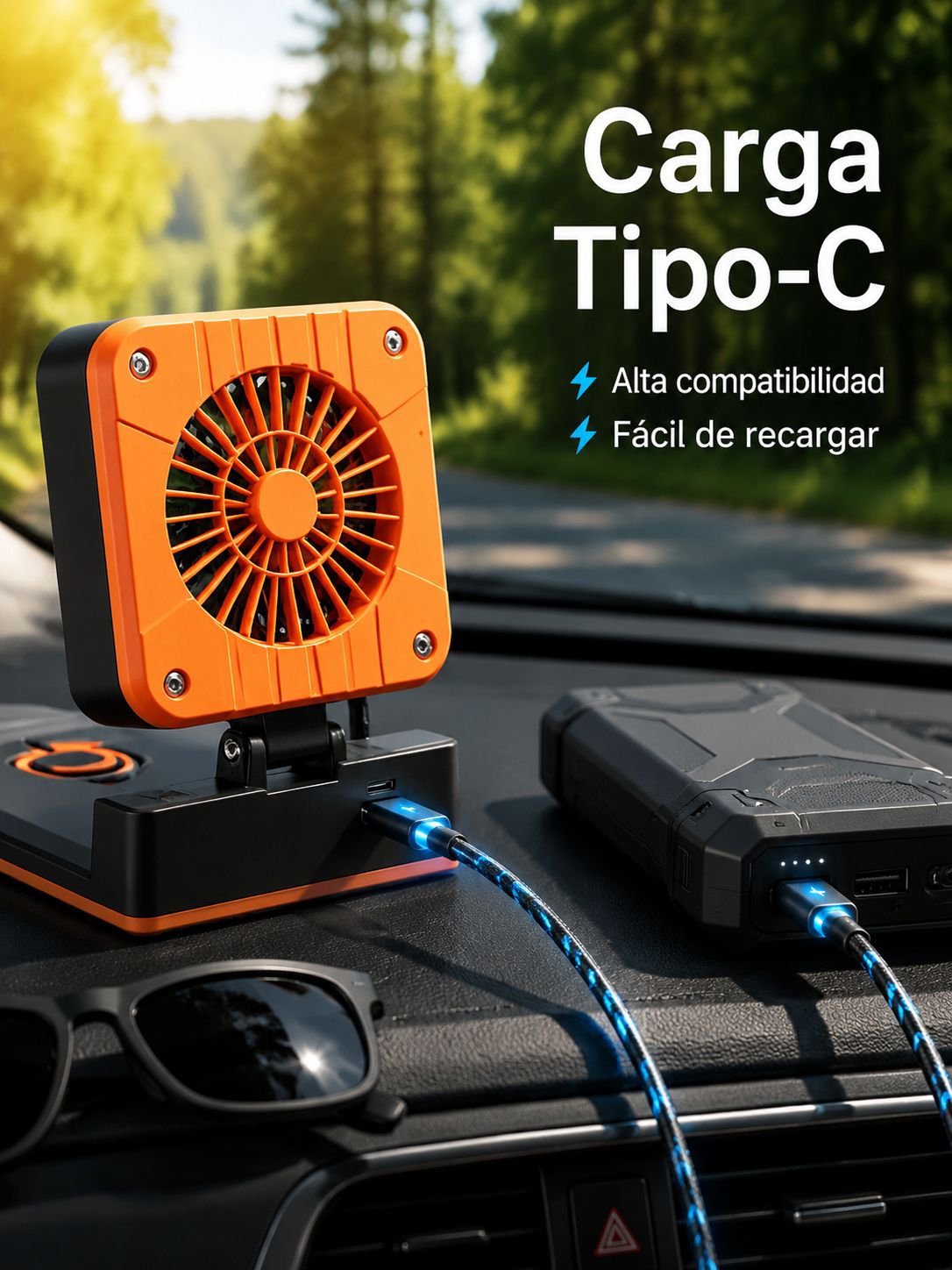 Ventilador solar compacto junto a una tienda de campaña