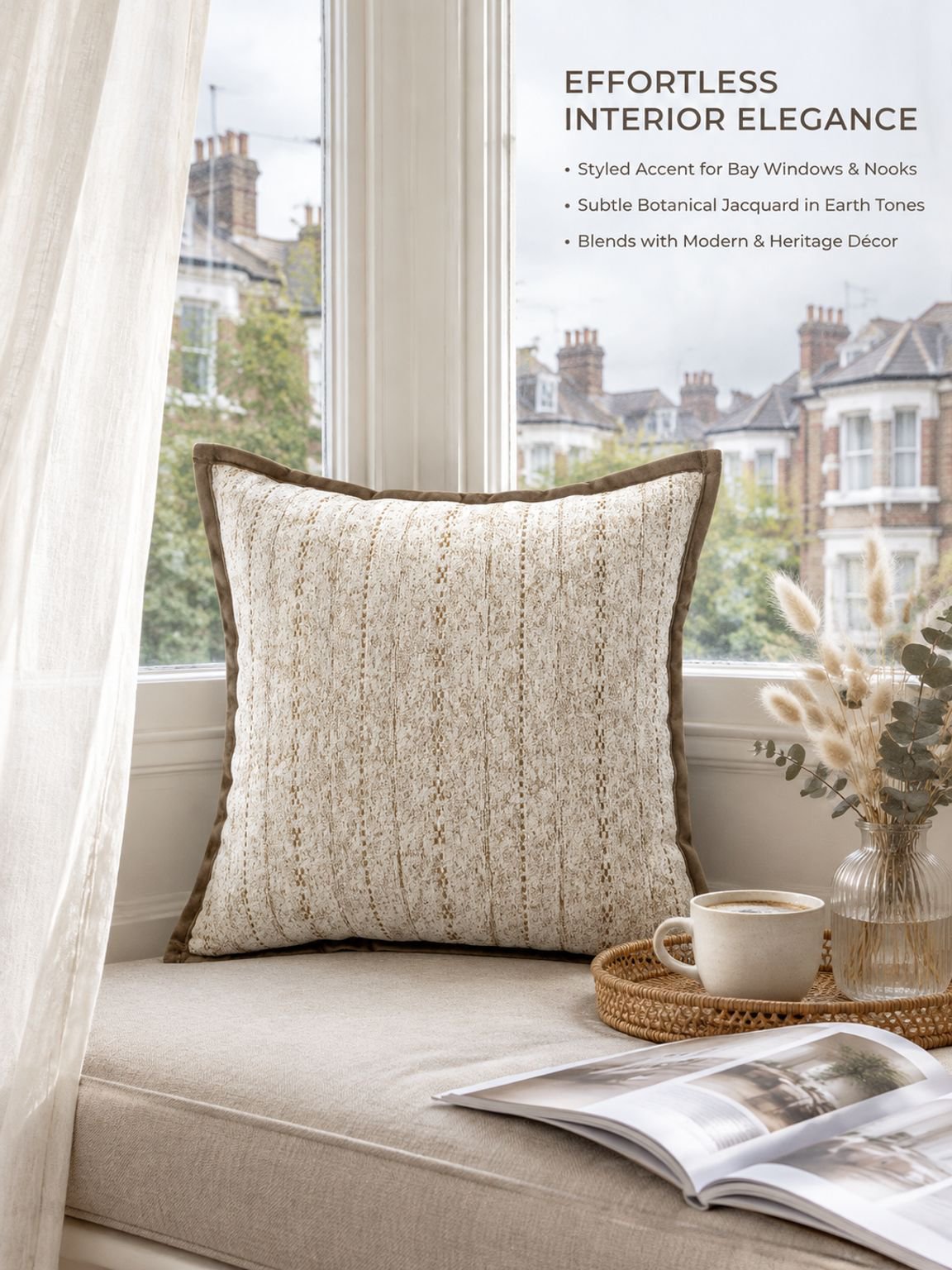 Textured floral cushion cover arranged with other sofa pillows
