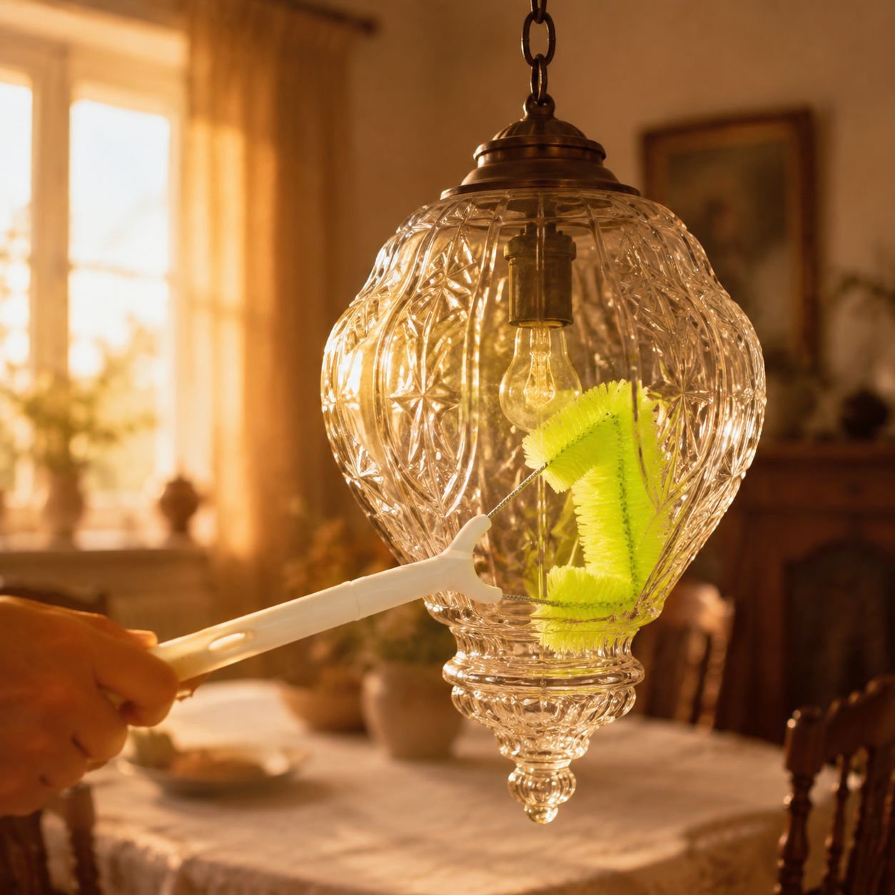 Long-bristle cleaning brush reaching ceiling fan blades
