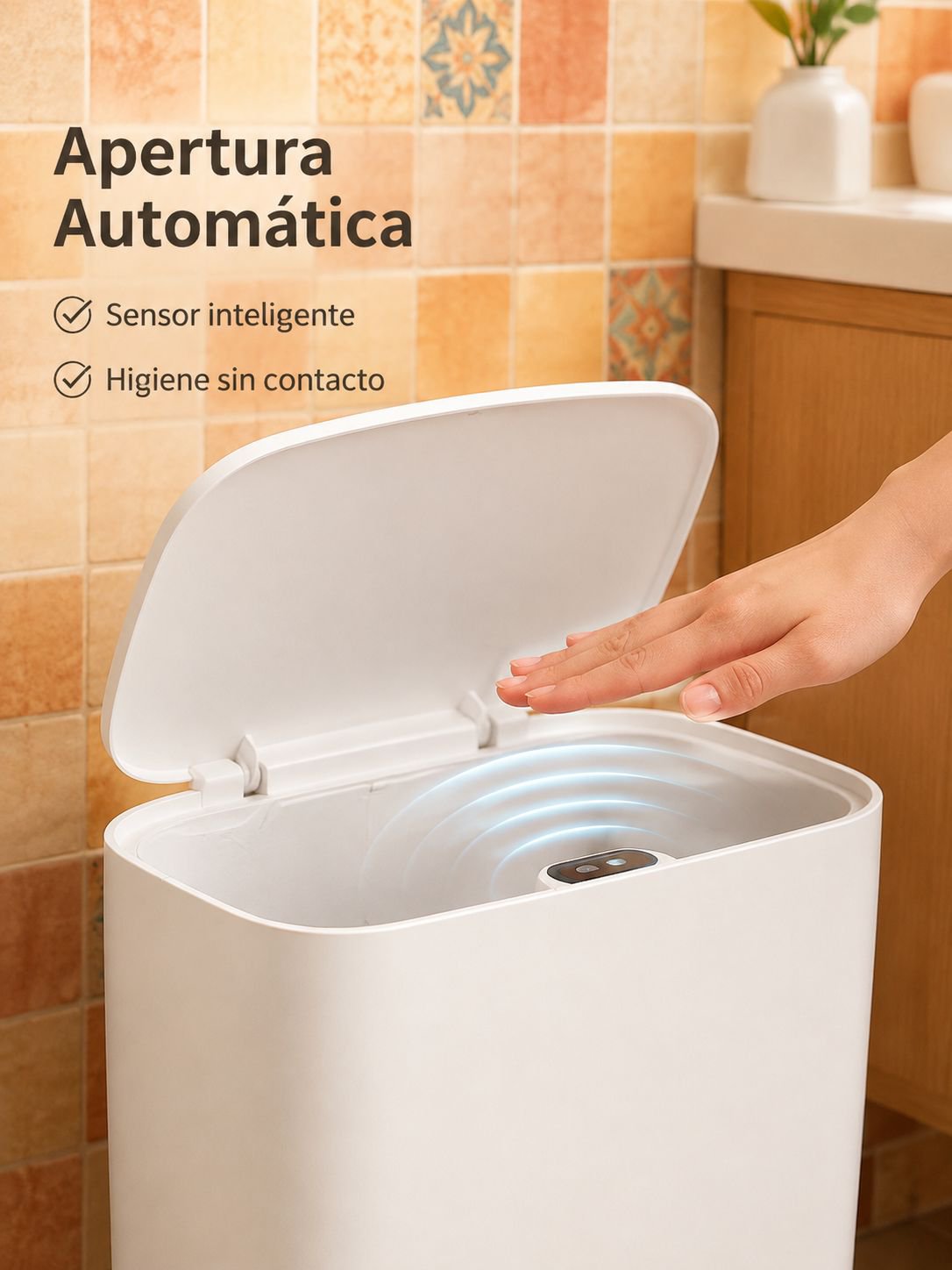 Cubo de basura inteligente para baño, apertura por sensor, diseño colgante para espacios reducidos