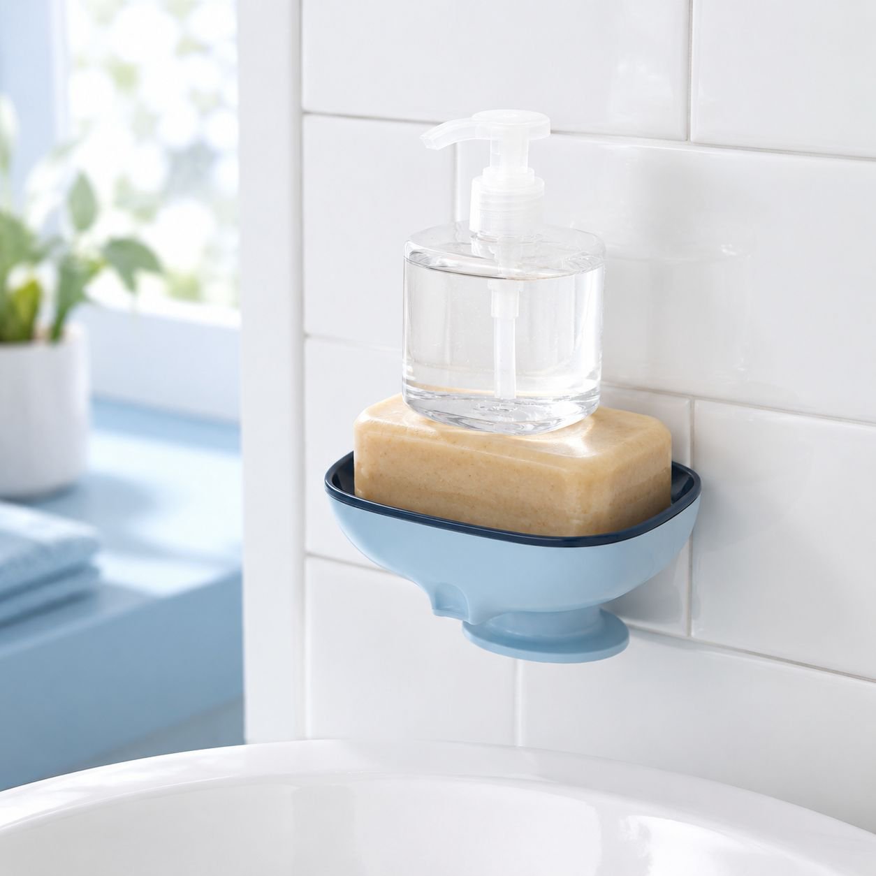 Space-saving soap organizer for bathroom wall