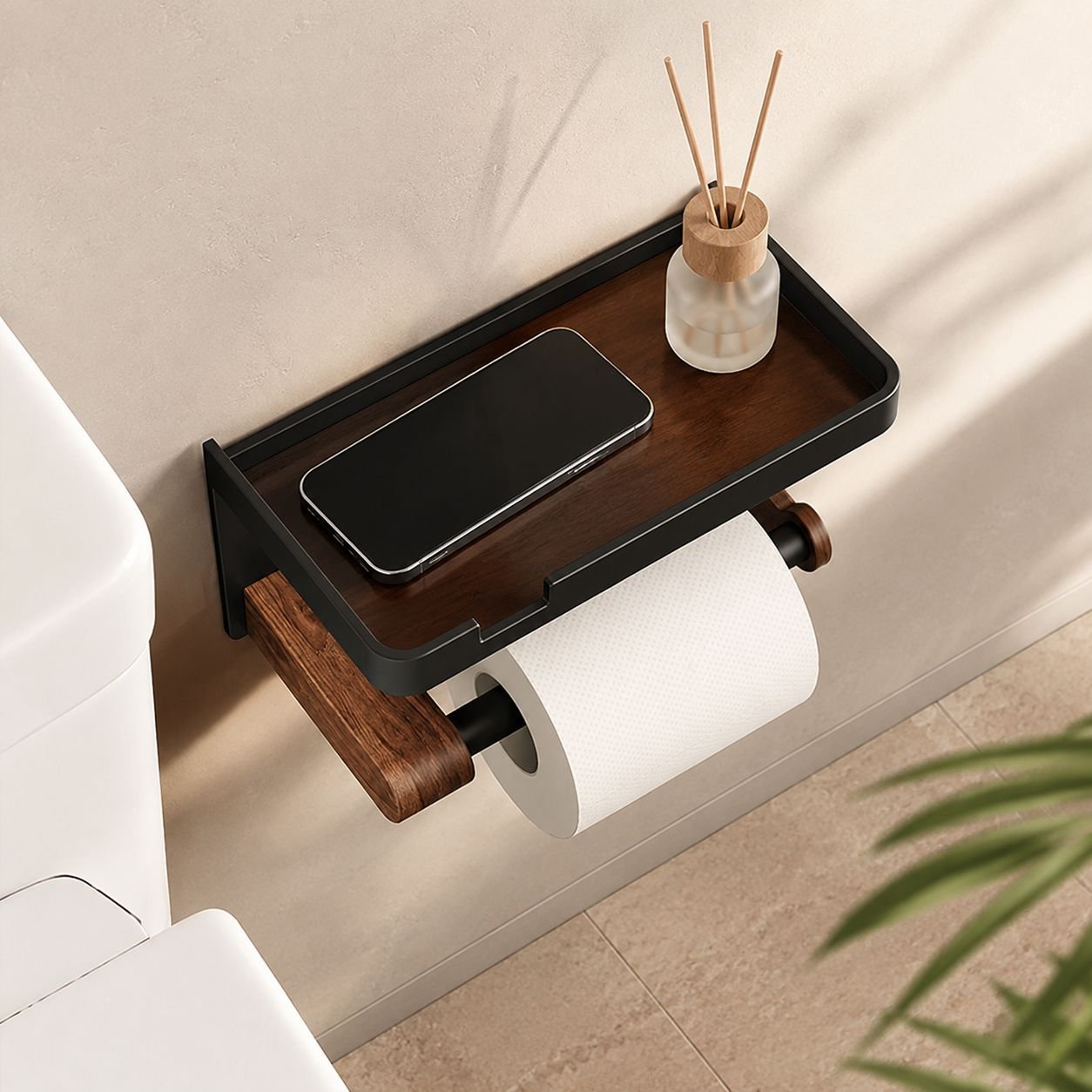 Bathroom organizer holding toiletries on walnut shelf