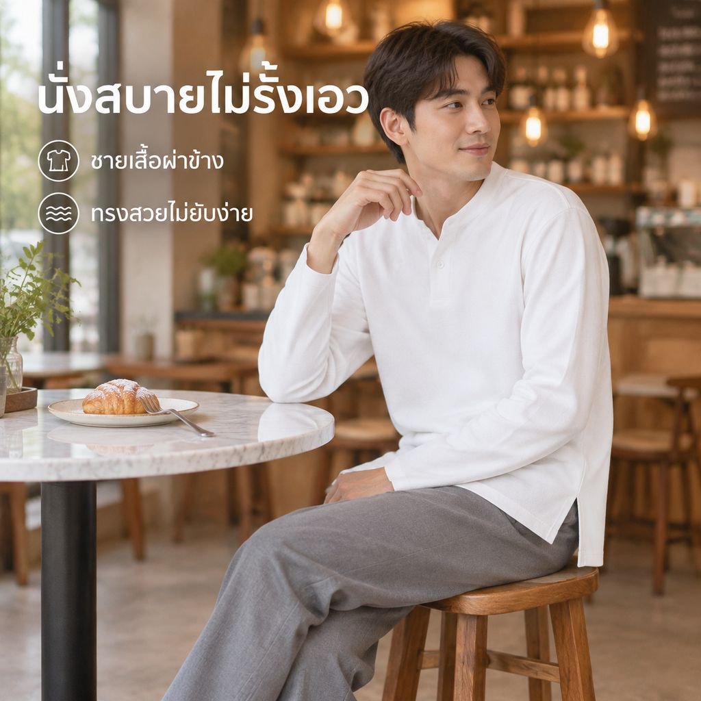 เสื้อยืดแขนยาวผู้ชายทรงคอจีนสไตล์ญี่ปุ่น