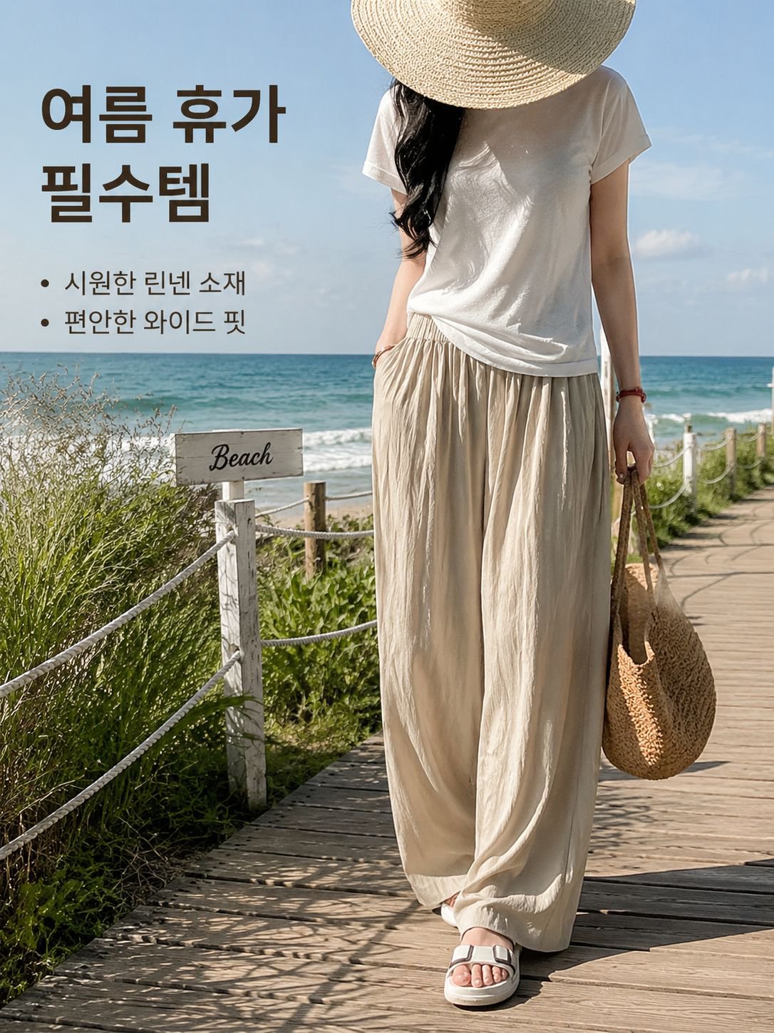 여자 여름 면 마 와이드 팬츠 슬랙스 나그랑 원단 와이드 팬츠