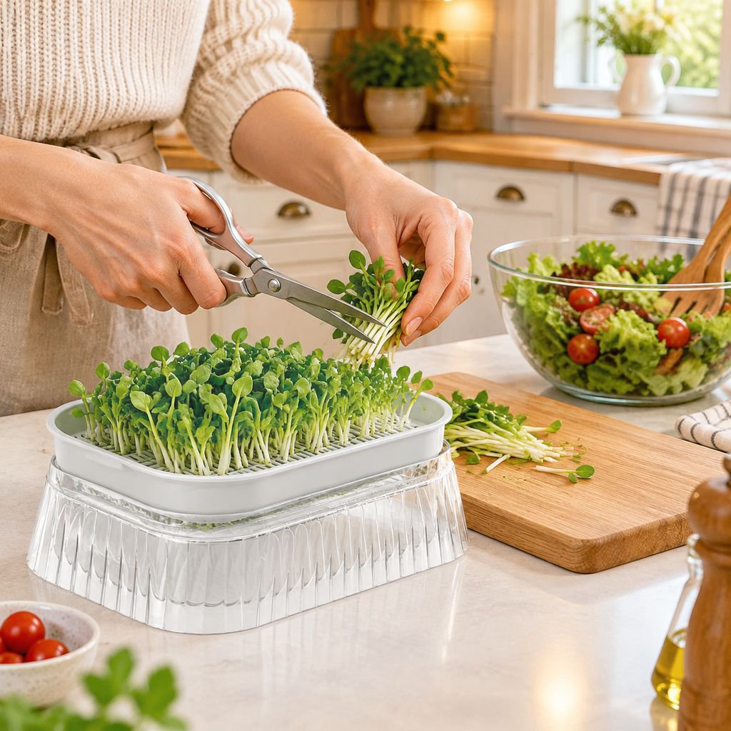 Close-up view of the Bean Sprout Hydroponic Planter filled with fresh sprouting beans