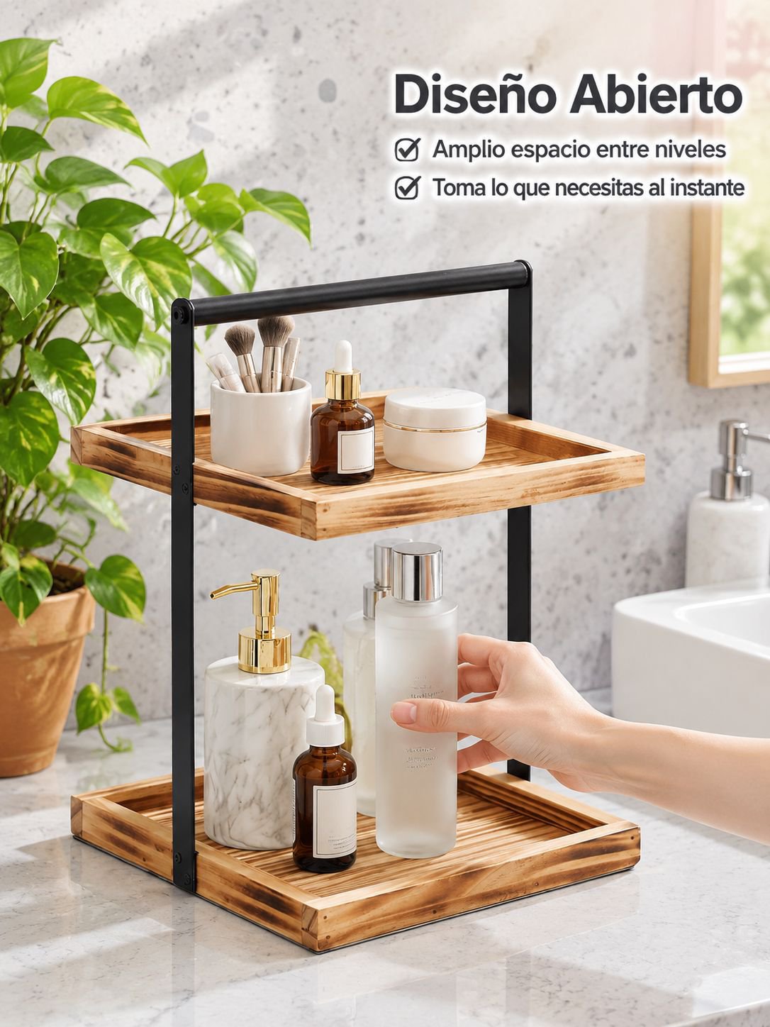 Estantería de dos niveles que ayuda a mantener el baño ordenado