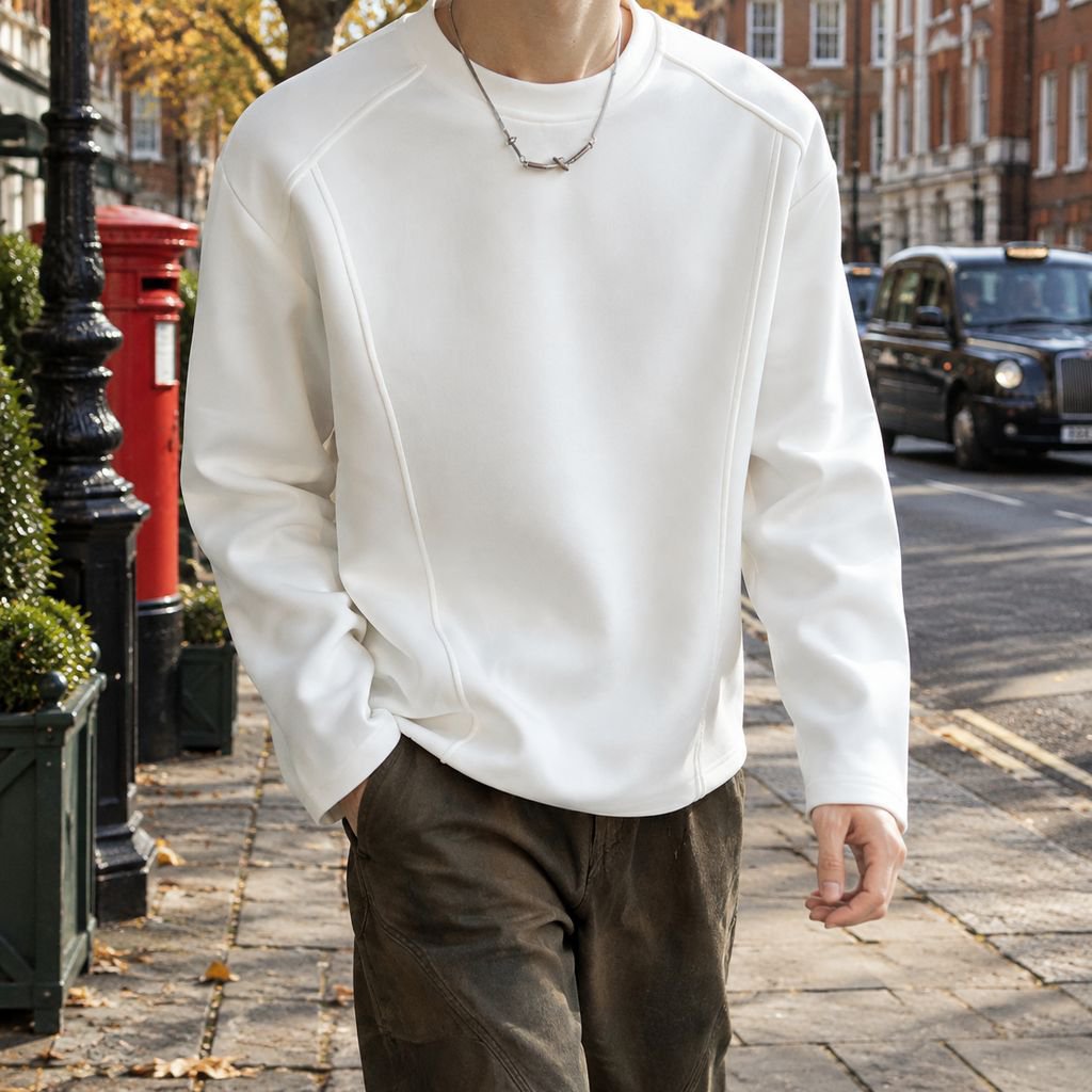 Autumn Men's Basic Heavyweight White Deconstructed Long-Sleeve T-Shirt Inner Layer