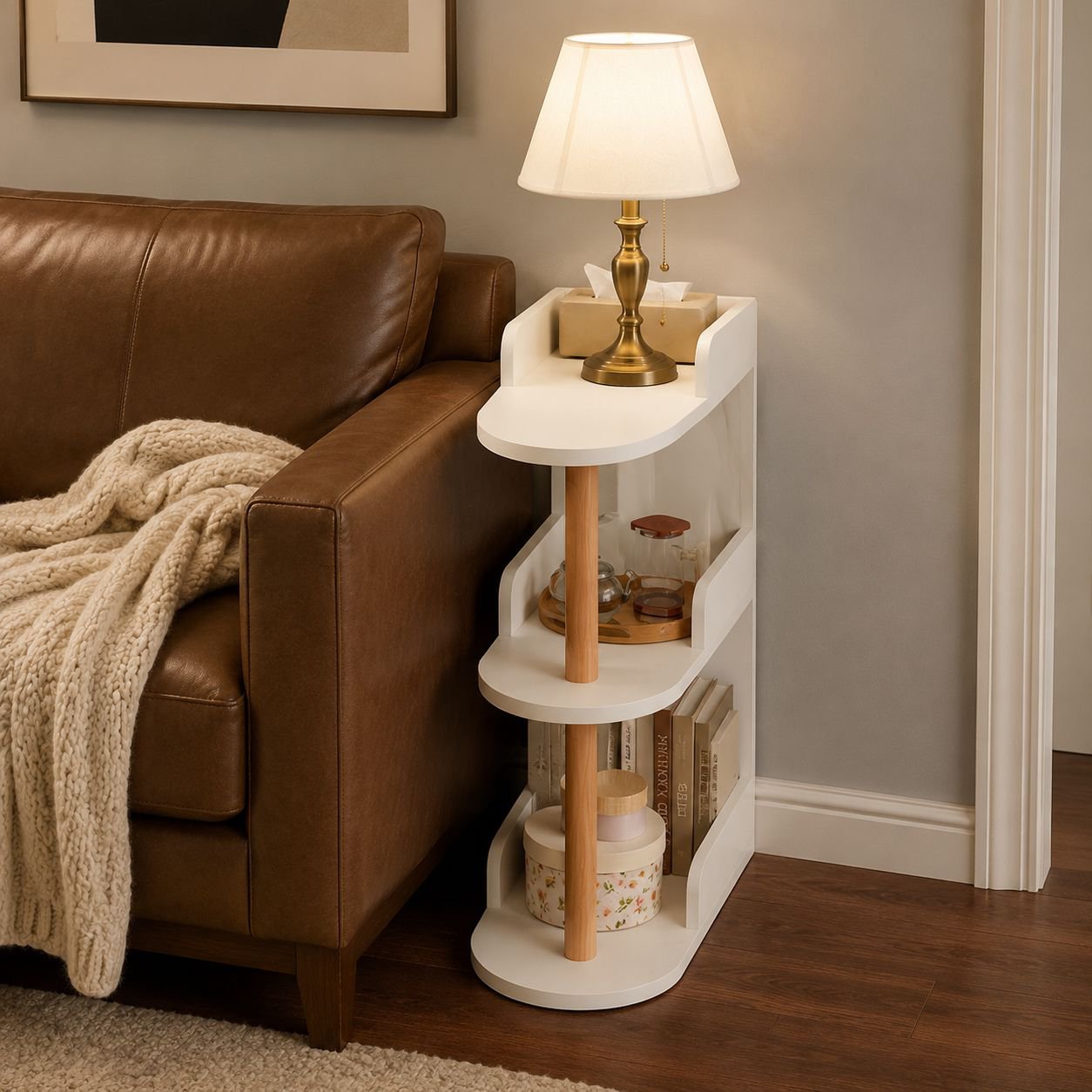 Multifunctional bookshelf table in living room