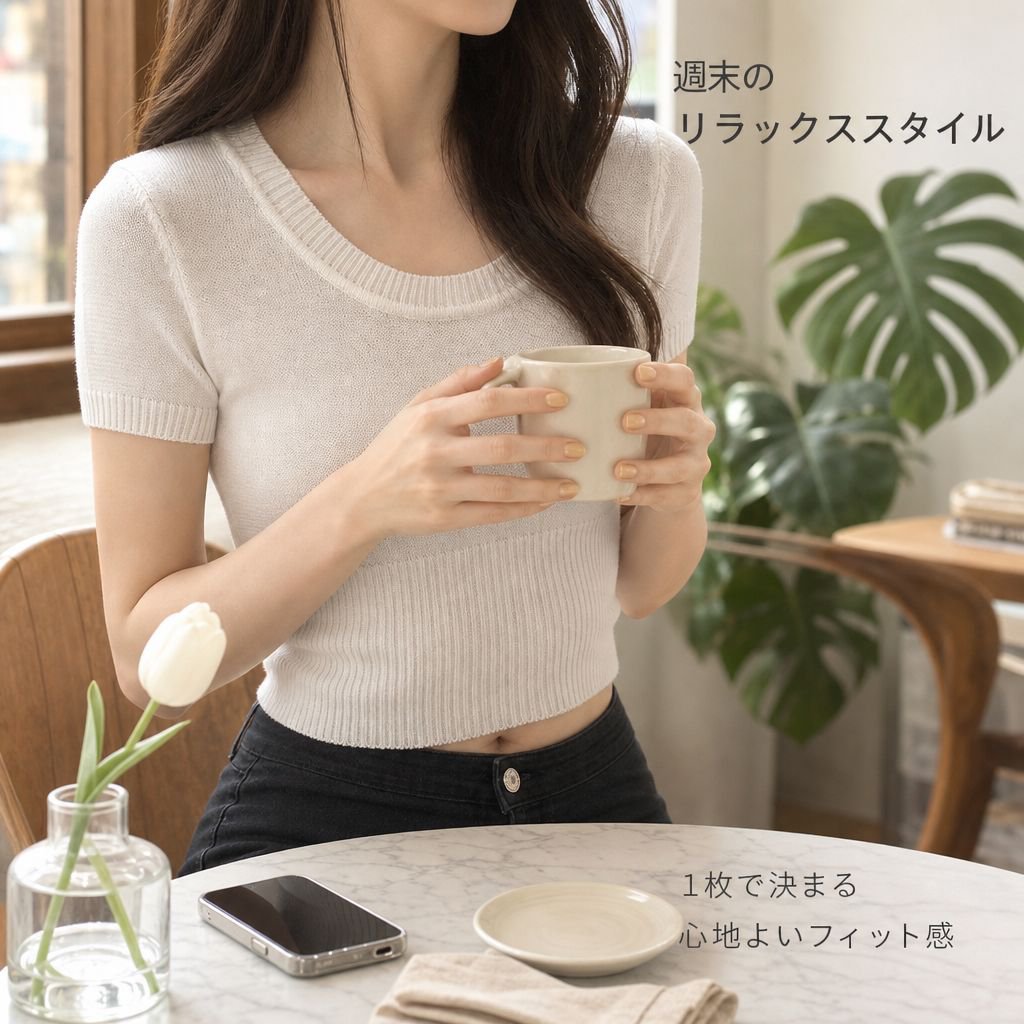 シンプルストレッチニット半袖トップス レディース