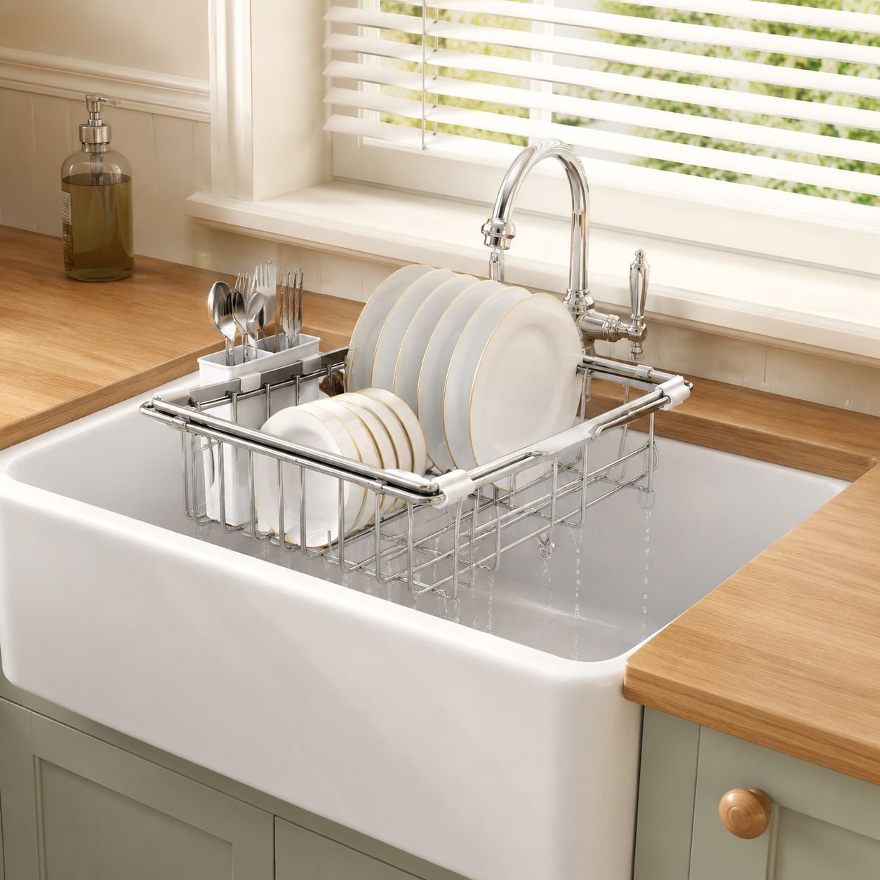 Retractable kitchen sink rack holding plates and bowls