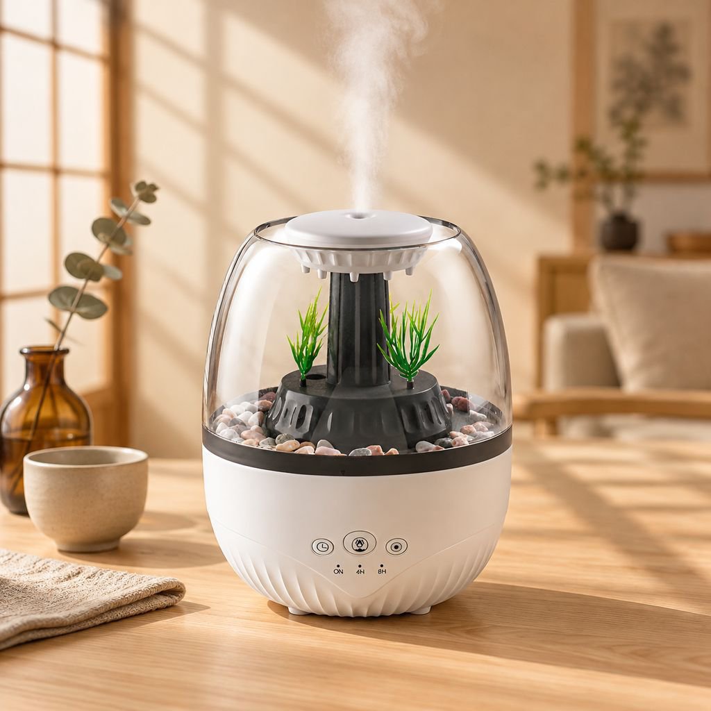 水景風アロマ加湿器、超静音設計、7色LEDライト、タイマー機能付き、快適なデスク空間を演出
