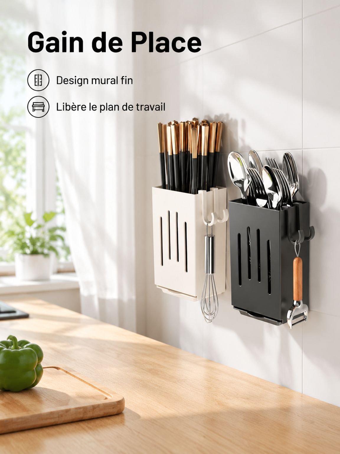Rangement pratique pour baguettes et couteaux dans une cuisine organisée