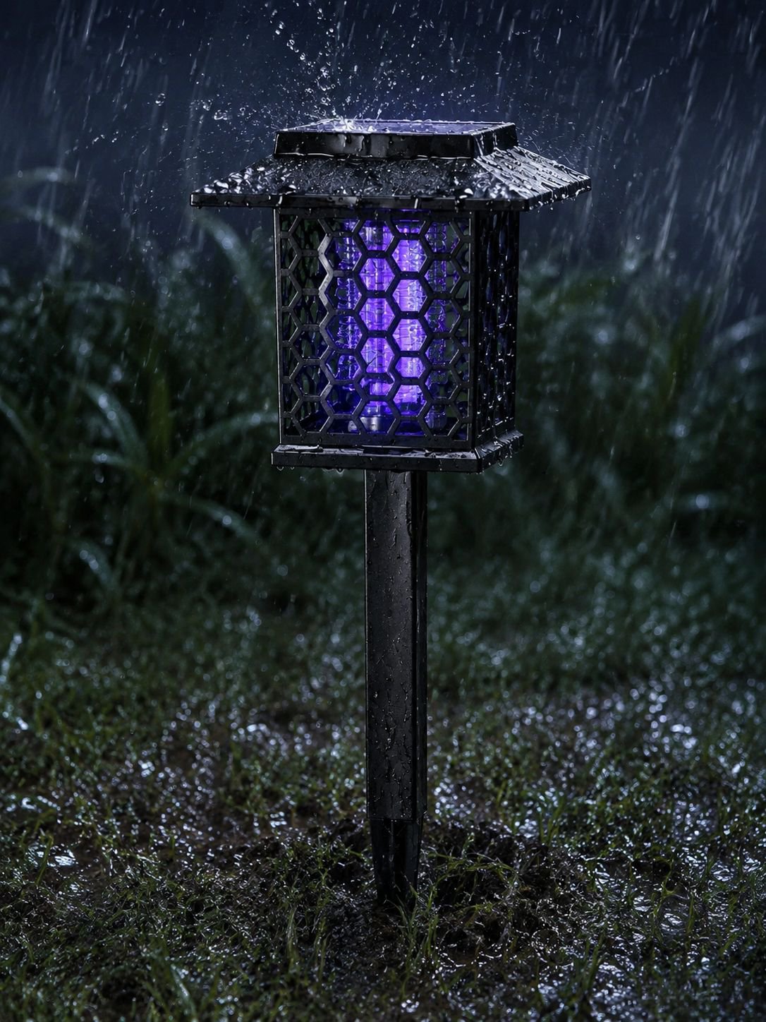 Decorative solar lawn light in a landscaped yard