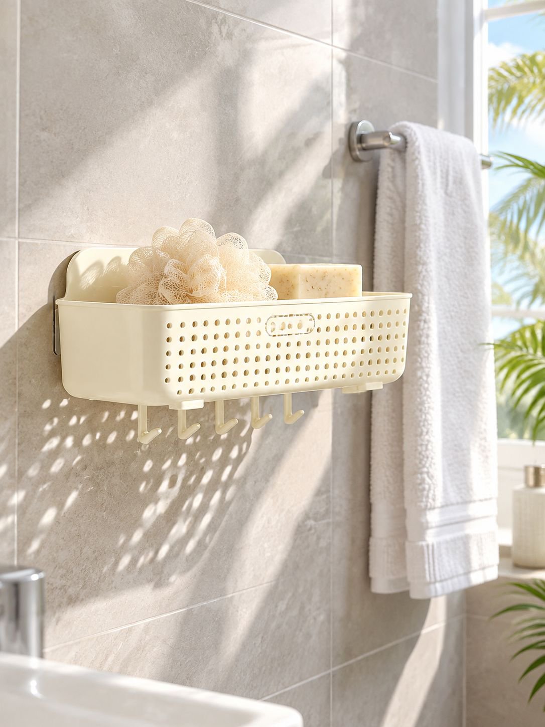 Espacio de baño organizado con el práctico organizador adhesivo