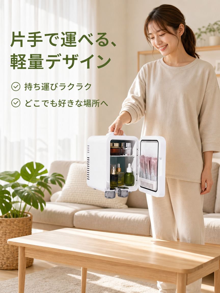 化粧鏡付きの小型冷蔵庫。車内でも家庭でも使用可能。