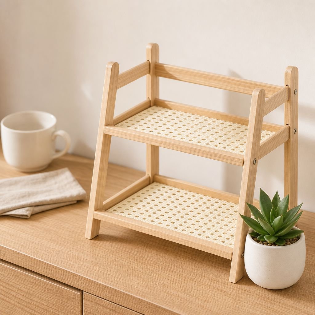 Cream-colored multifunctional bedside shelf, rattan style, suitable for home kitchen