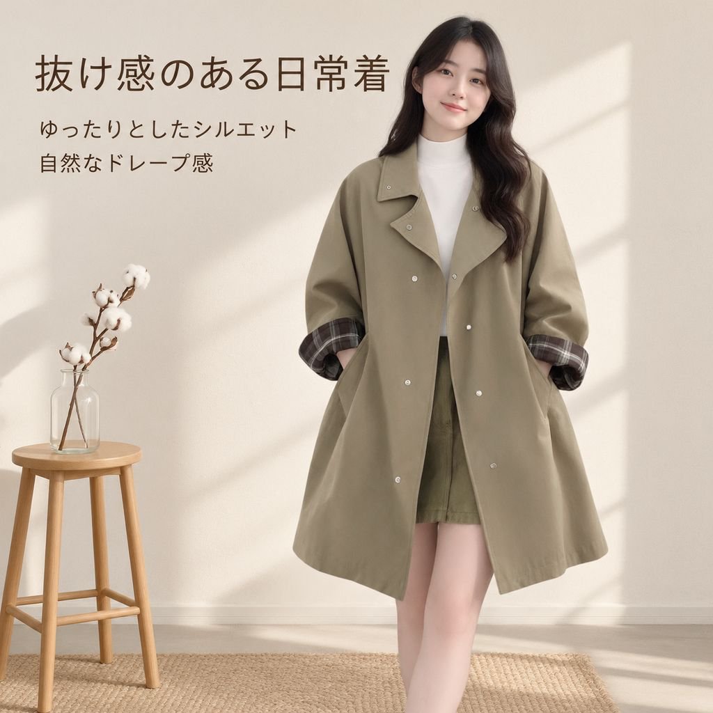 トレンチコート レディース カーキ ミドル丈 ゆったり 英国風 スプリングコート アウター