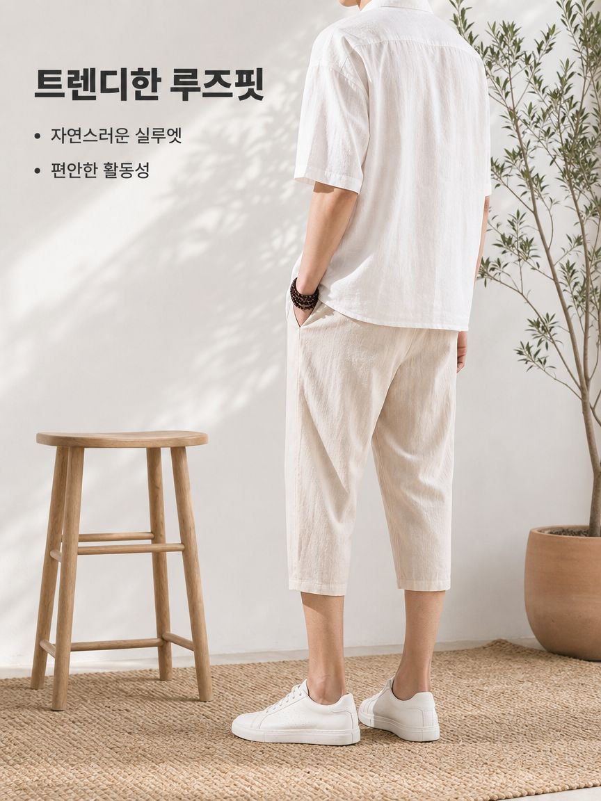 여름 남성용 면마 7부 바지 일본 스타일 루즈핏 캐주얼 팬츠