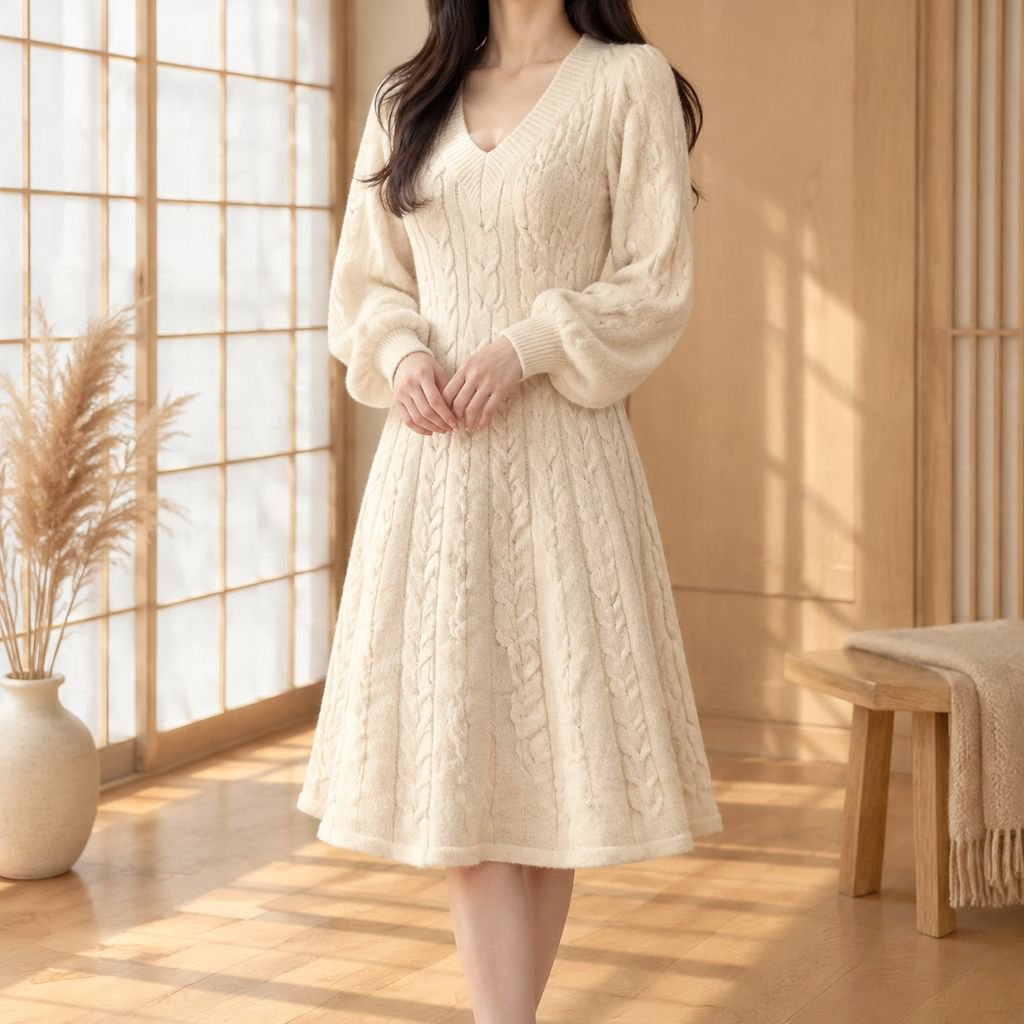 秋冬のヴィンテージ風麻の花柄Vネックウエストマークの小柄ロングスリーブAラインニットワンピース女性向け