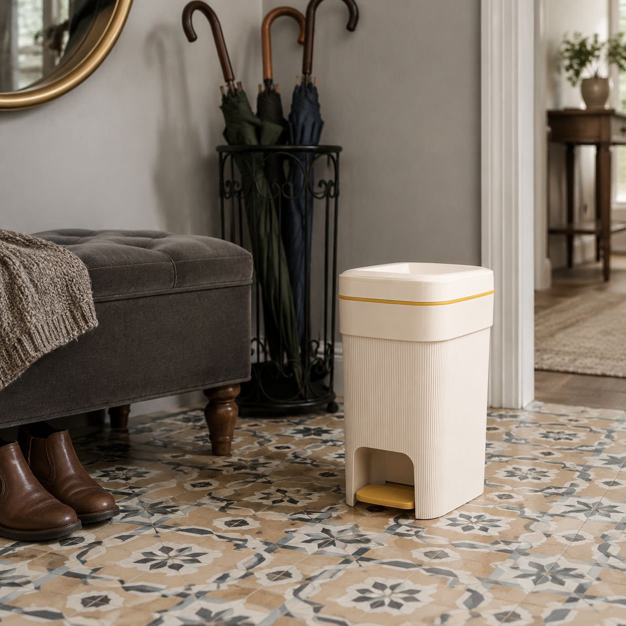 Home trash bin with convenient lid mechanism