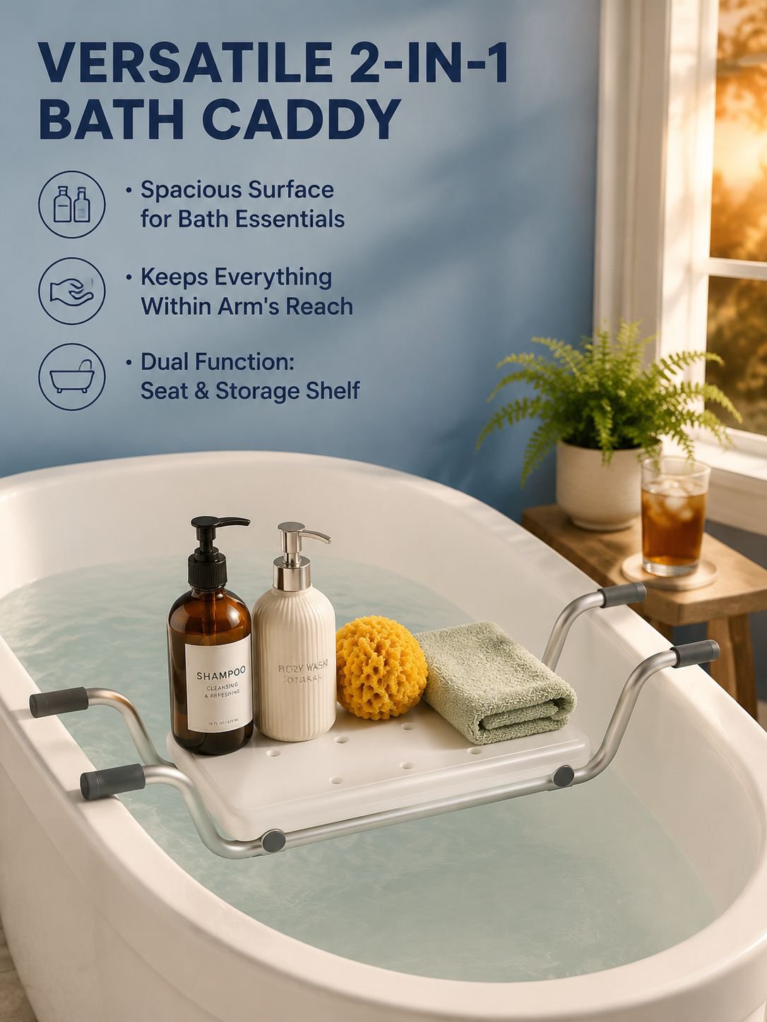 Stable bathroom bench with extra storage for toiletries
