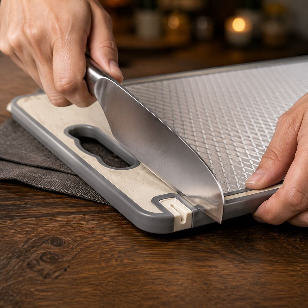 304 Stainless Steel Antibacterial Double-Sided Cutting Board with Knife Sharpener for Home Kitchen