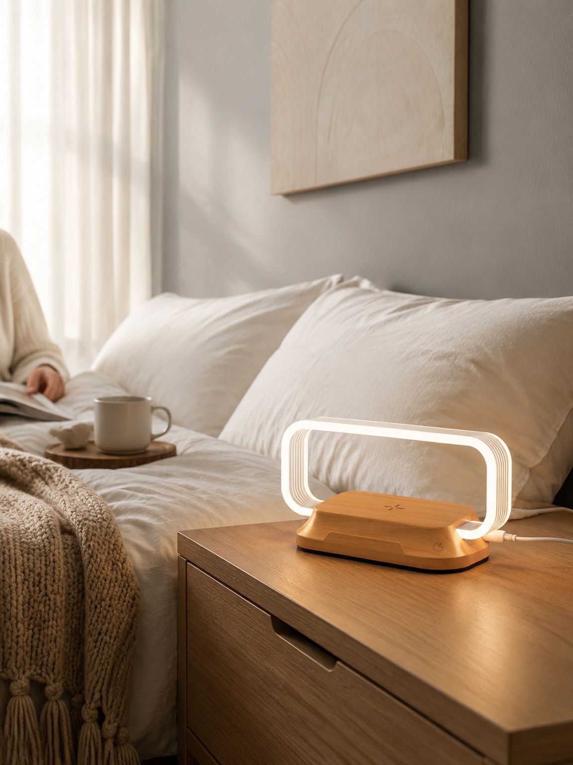 Lámpara de mesa inteligente con carga inalámbrica en dormitorio moderno