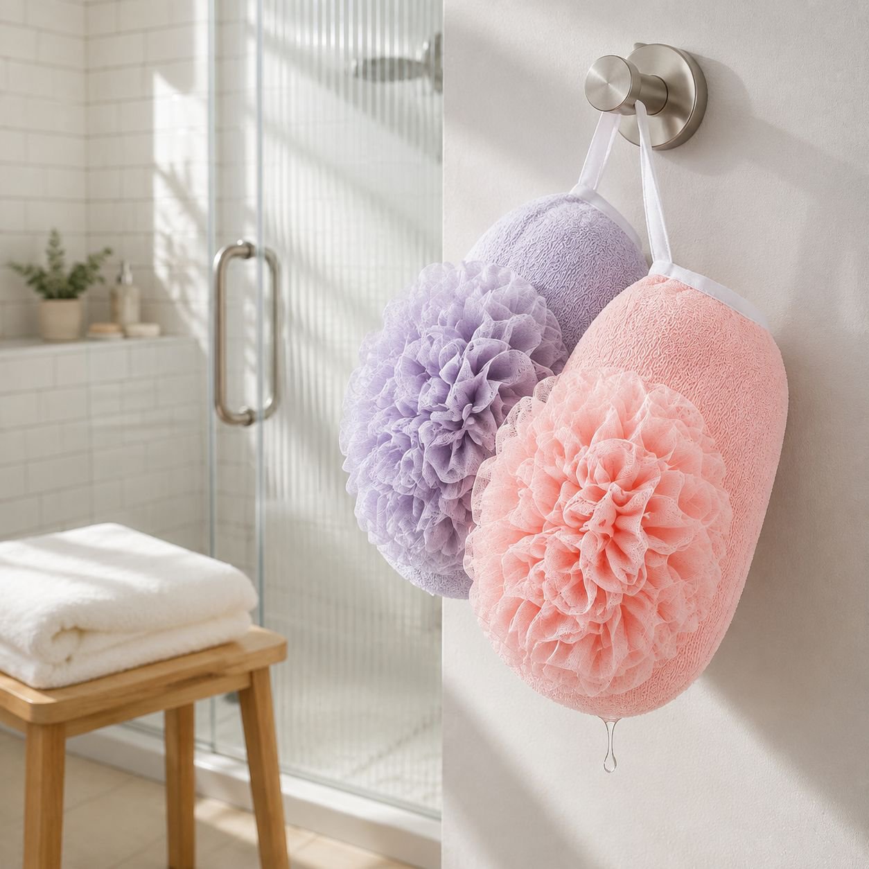 User enjoying JMY 2-in-1 bath towel and sponge in shower