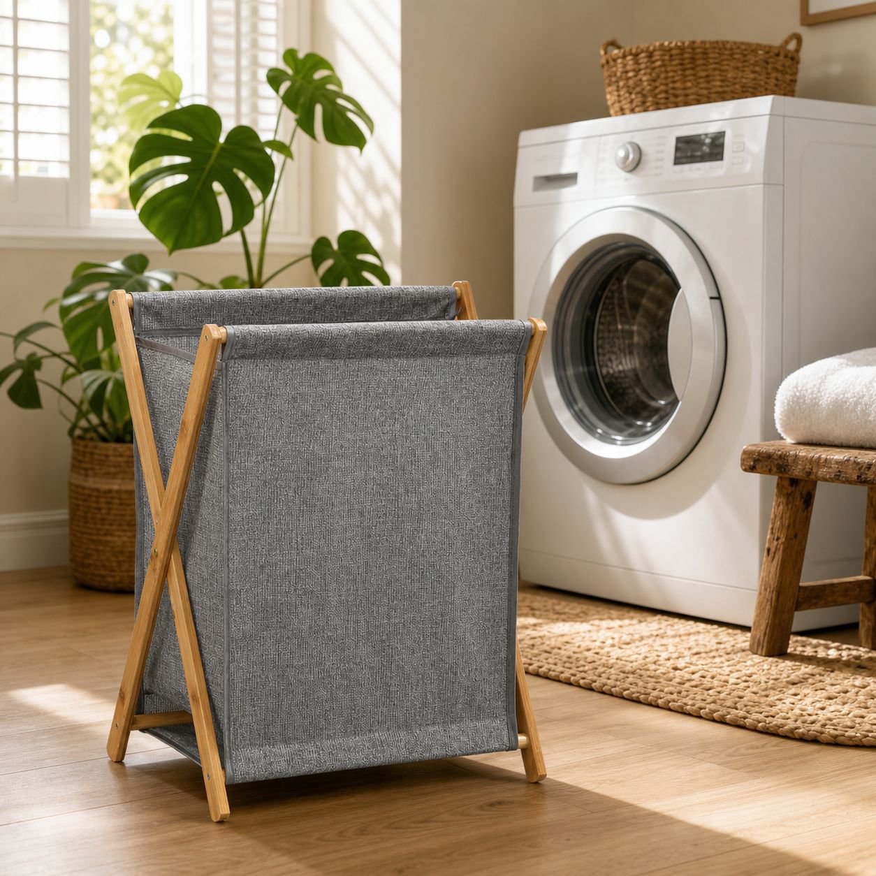 Eco-friendly PVC Bamboo Laundry Basket, Durable Foldable Home Storage Box