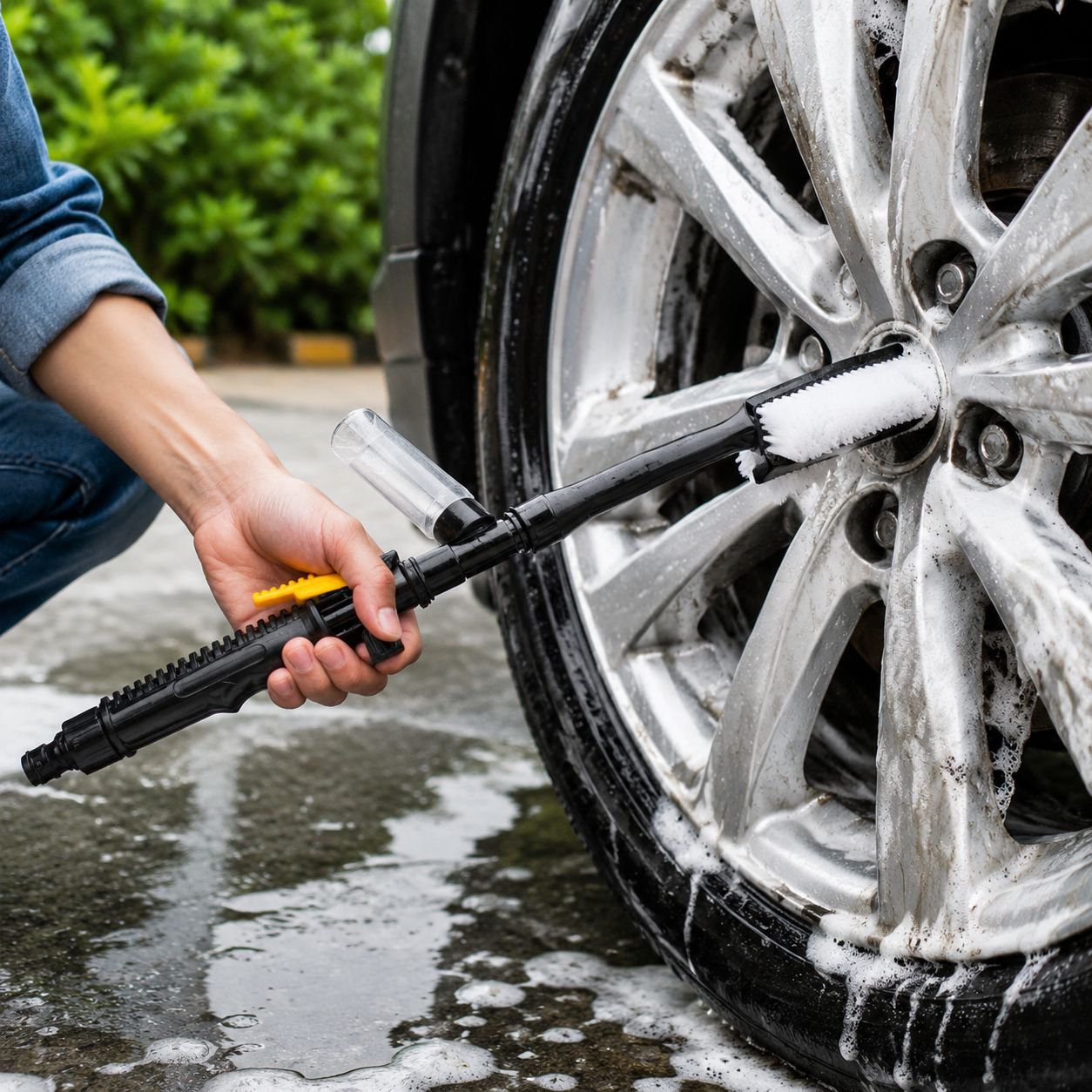 Scratch-free car wash with soft bristle brush