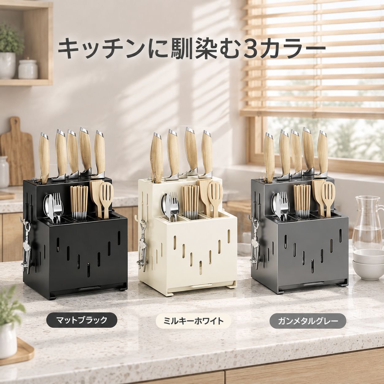 穴あけ不要の壁掛け式キッチンカウンター用炭素鋼製包丁・箸ラック