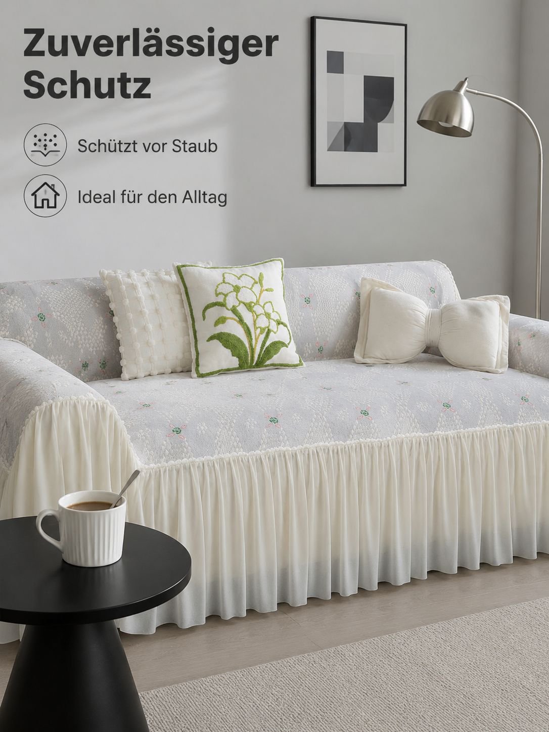 Vollständige Sofahusse mit Spitzenrüschen, Chenille-Stoff im Cream-Stil