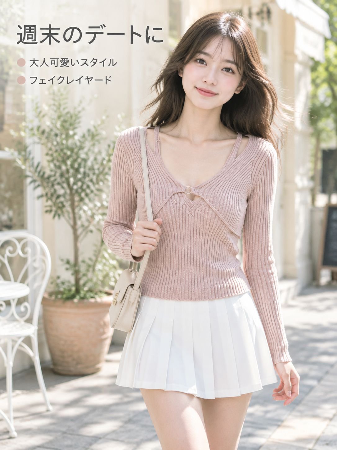 春秋新作 裴秀キャミソールピンクニットフェイクレイヤード