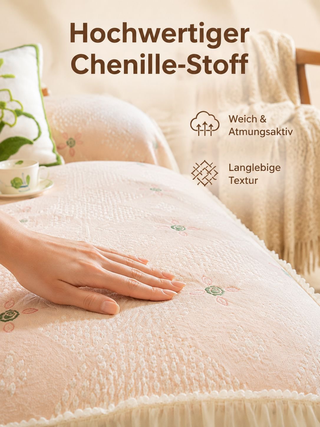 Vollständige Sofahusse mit Spitzenrüschen, Chenille-Stoff im Cream-Stil