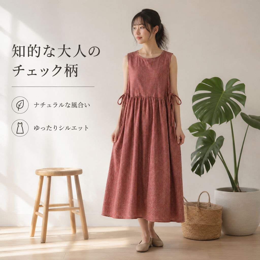 文芸風綿麻チェックワンピース