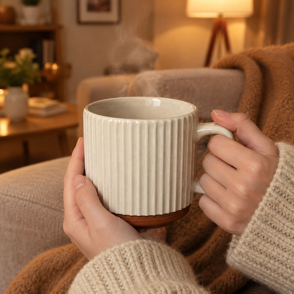 Taza apilable beige de alto diseño, taza de café latte vintage con relieve