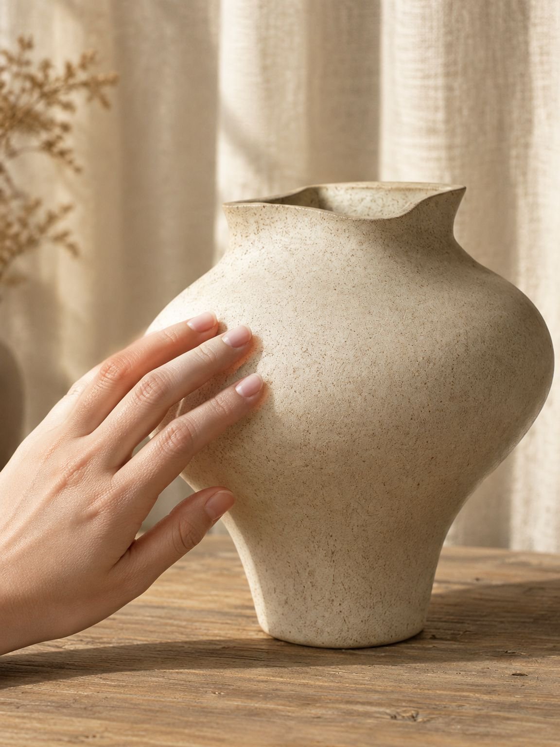 Vase en céramique irrégulier mat Misu avec des fleurs délicates à l'intérieur.