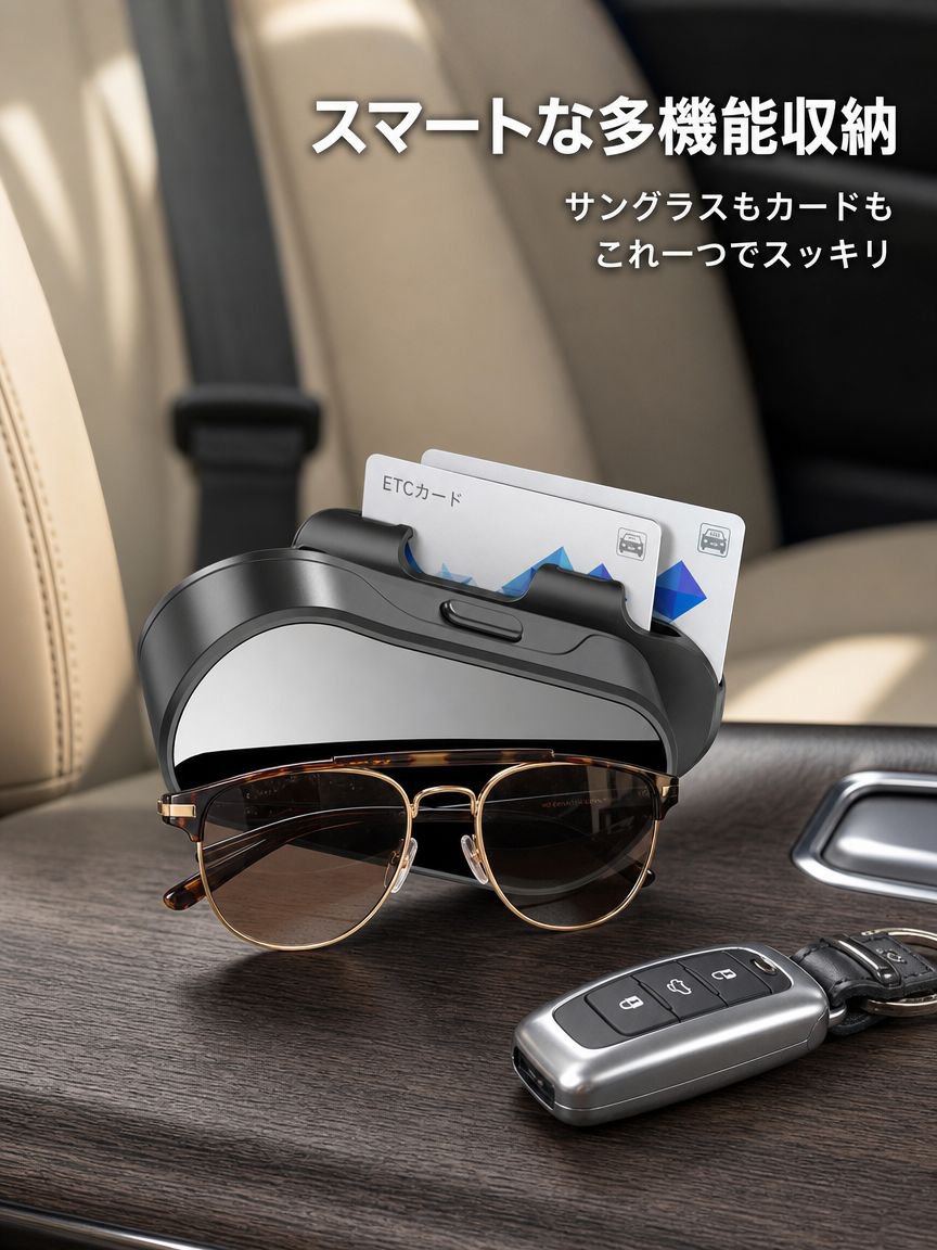 車載サングラスケース、車載サングラス収納ボックス、車載サンバイザー用サングラスホルダー、多機能カード＆チケット収納ボックス