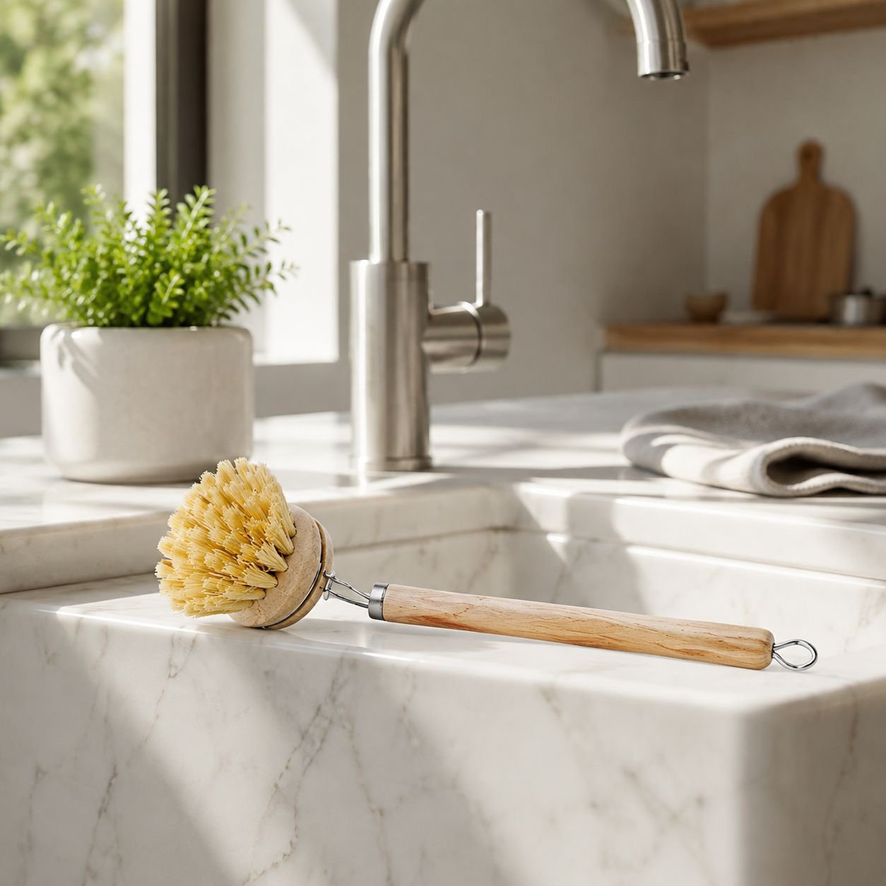 Austauschbarer Pflanzenfaser-Topfbürstenkopf mit weichen Borsten für Antihaft-Reinigung