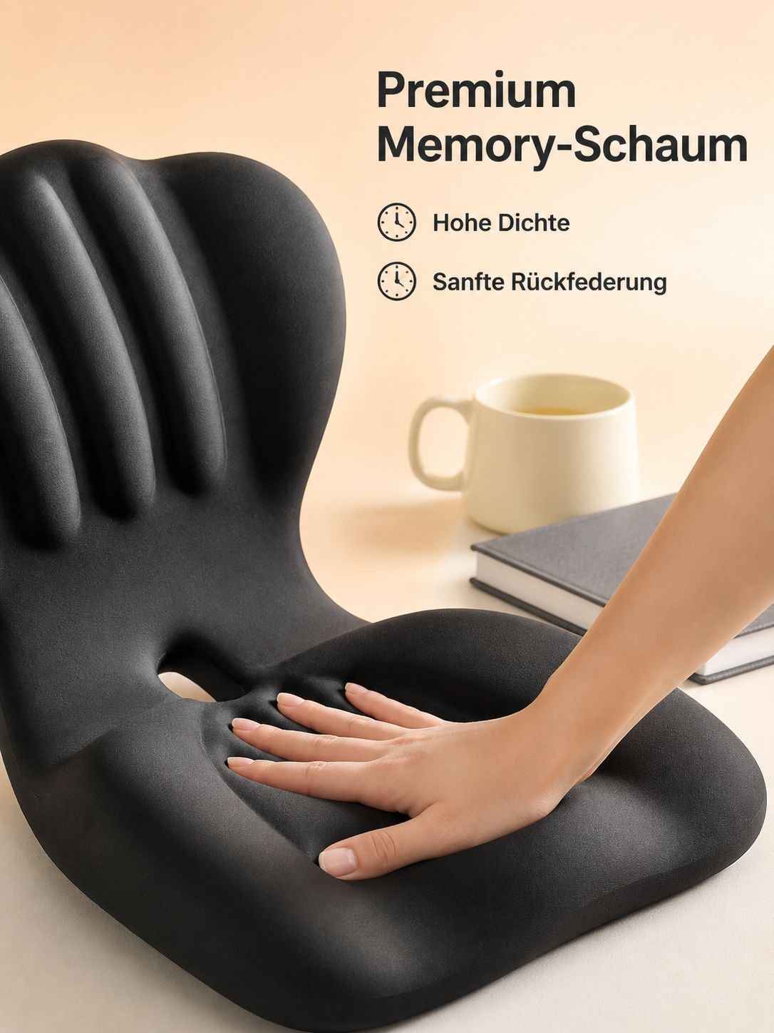 Rückenlehne und Sitzkissen aus einem Stück Memory-Schaum, atmungsaktiv, mit Lendenwirbelstütze.