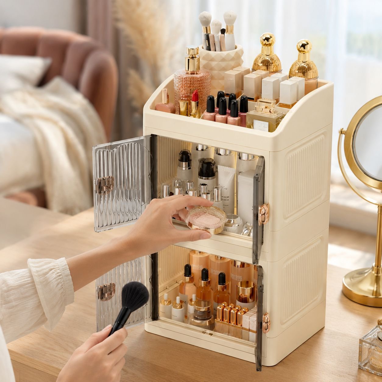 Cosmetic organizer shelf displaying various beauty products