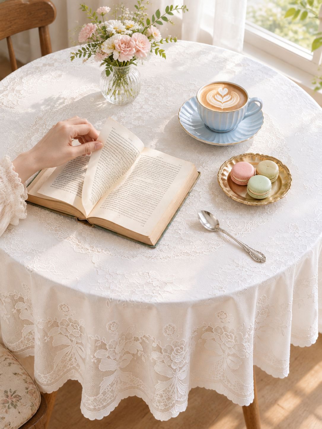Round tablecloth protecting table from dust and spills