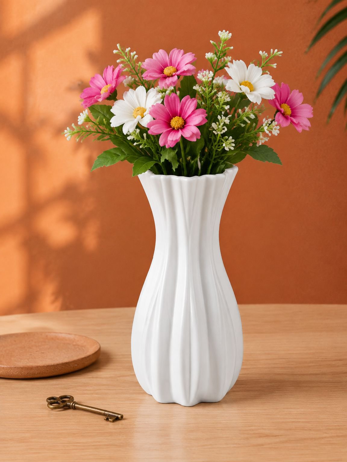 Jarrón y maceta de plástico con flores artificiales, adorno retro para el hogar
