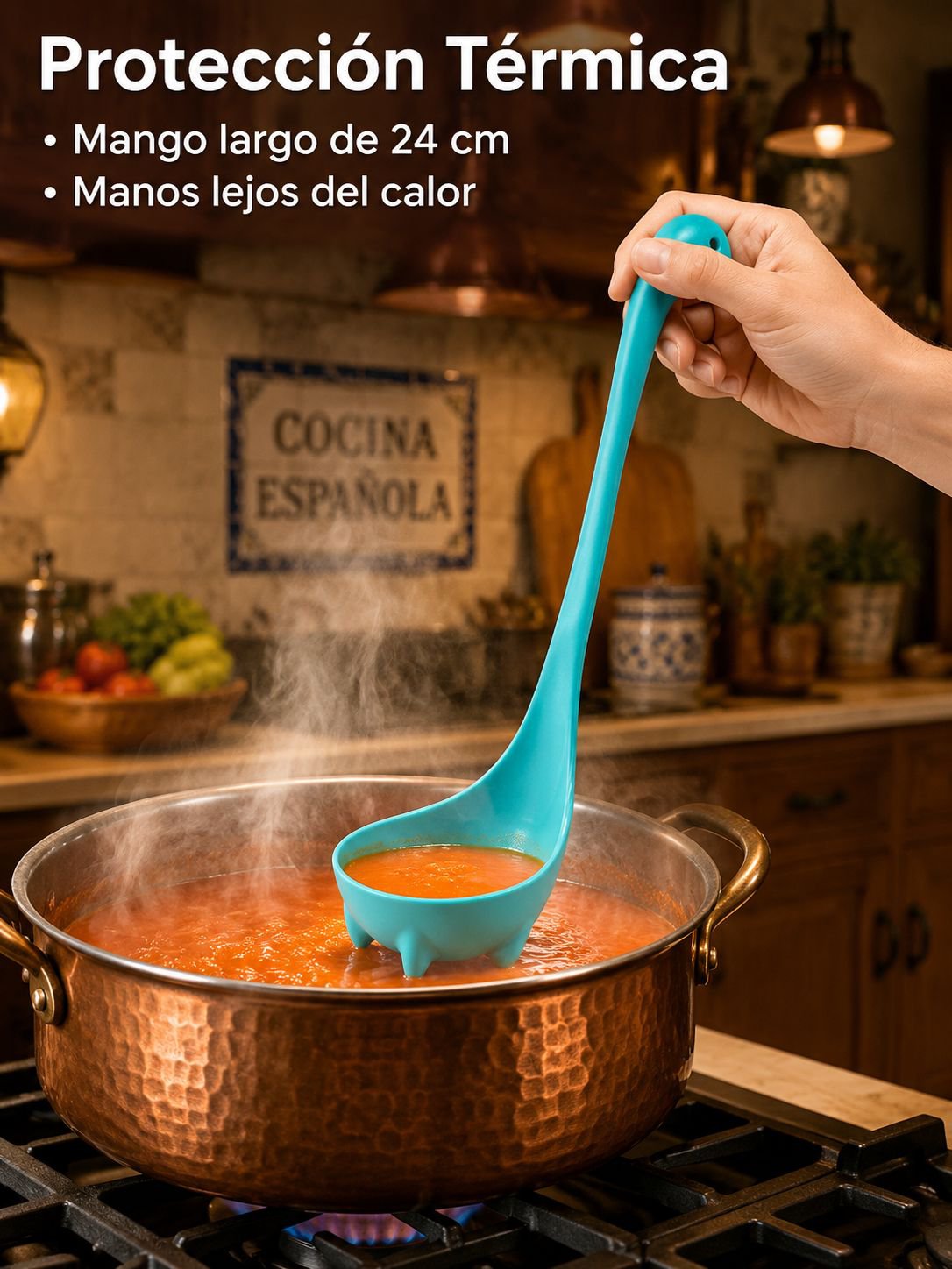 Cuchara de cocina antiescaldaduras con mango largo