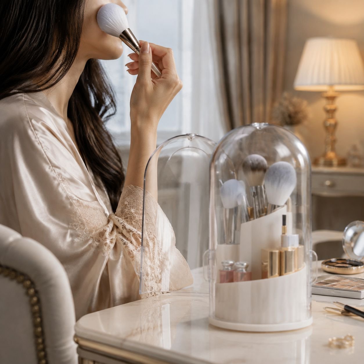 Makeup desk with rotatable cosmetic brush organizer
