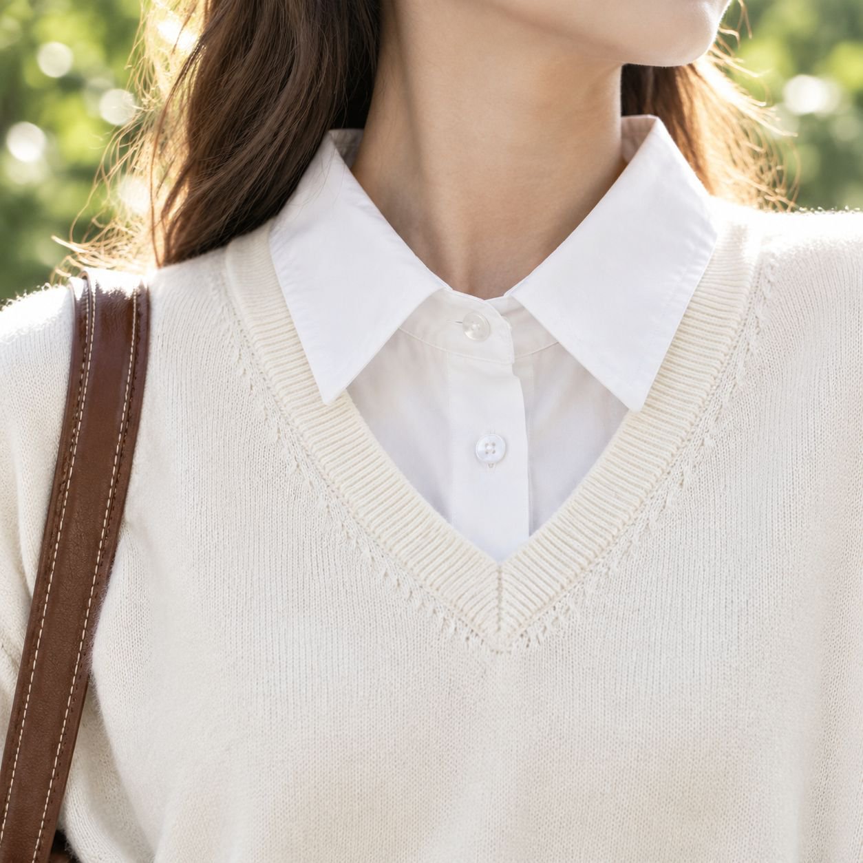 JK制服風プルオーバーセーター（女性用）、和風デザイン、無地Vネックニット、長袖重ね着、ツーピース風デザイン。
