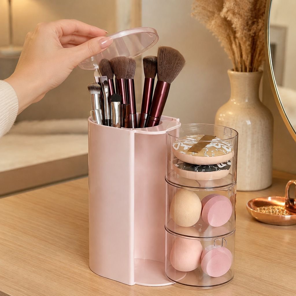 Elegant vanity storage box keeping brushes dust-free